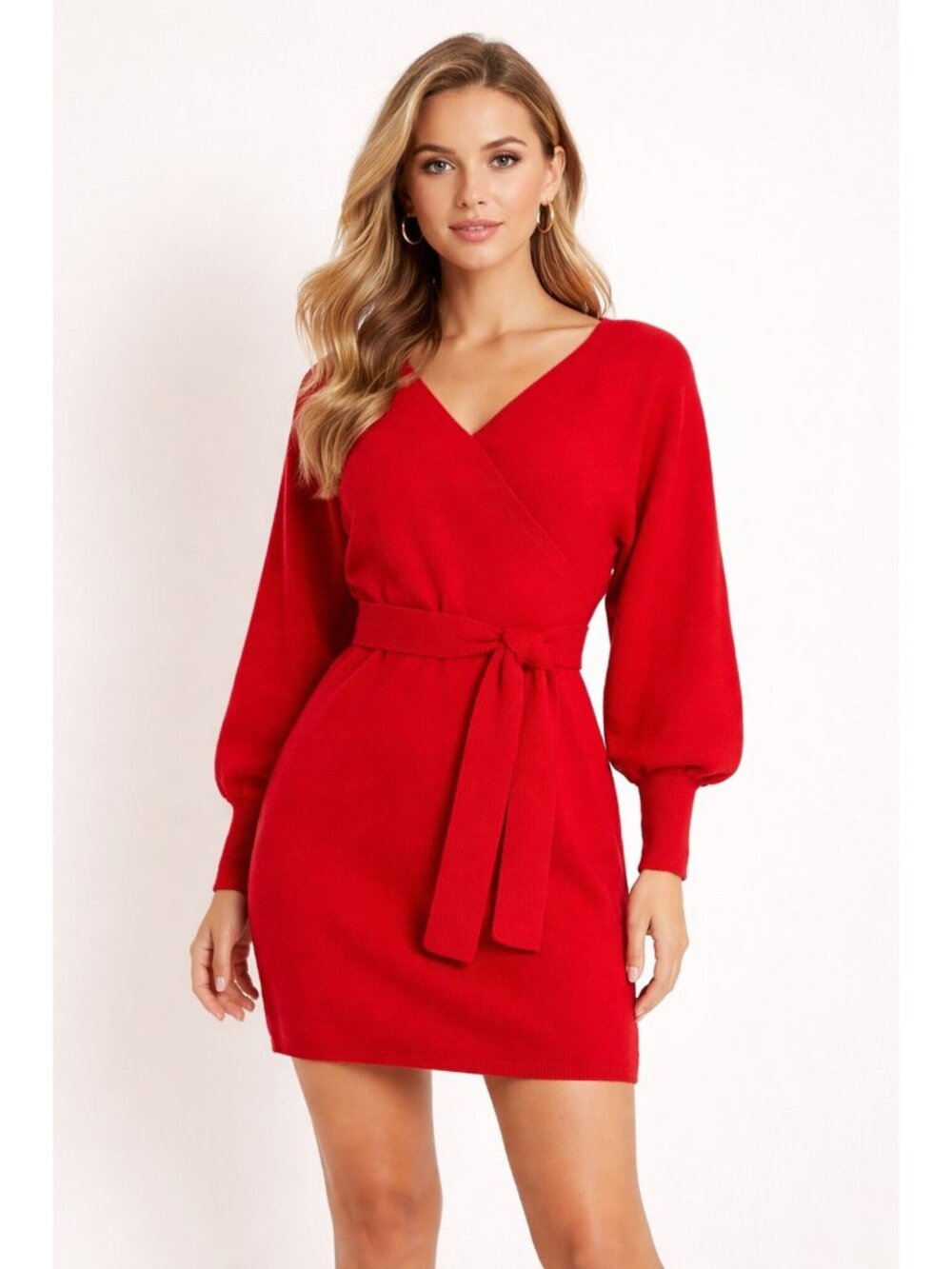 Dress Small Red Wrap Mini Ribbed Knit Sweater Bodycon Batwing Sleeve Party Glam
